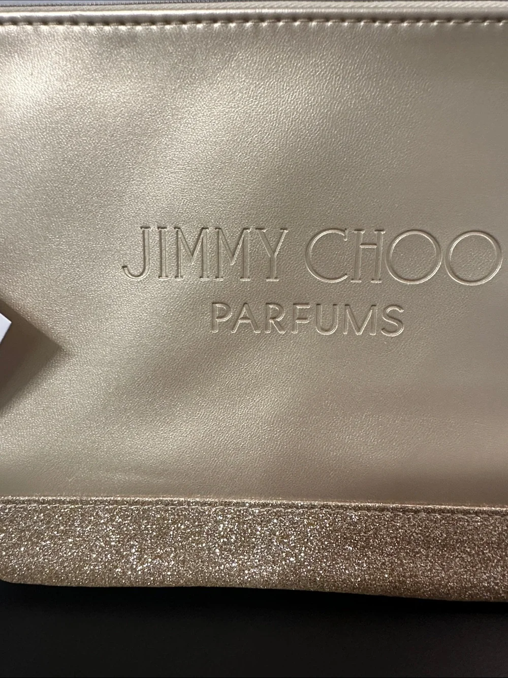 NWT Jimmy Choo Gold Parfumes Cosmetic Pouch w Glitter Trim & Gold Zipper Charm
